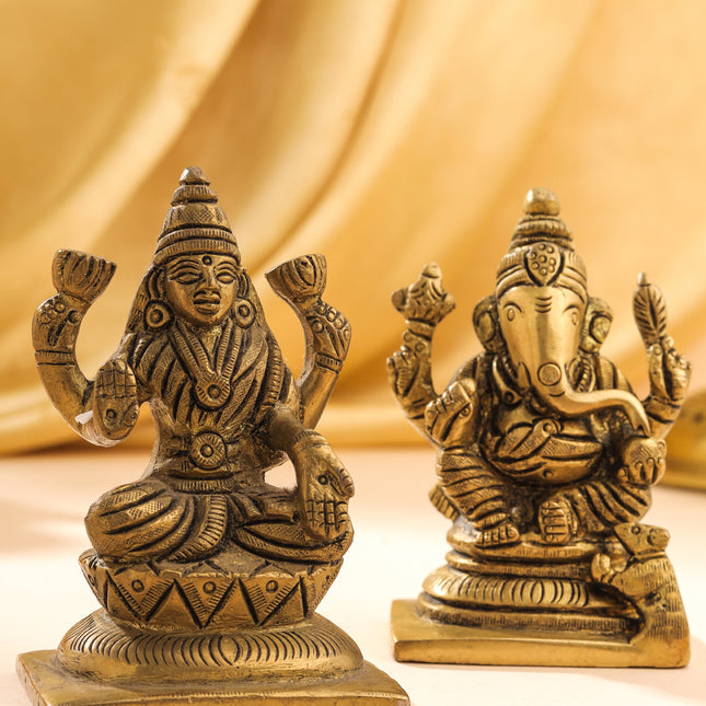Brass Ganesha And Lakshmi Set Idol (3.5 Inch)