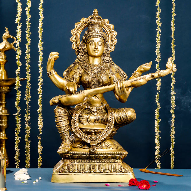 Brass Goddess Saraswati Idol (30 Inch)