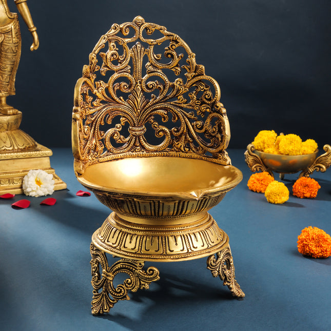 Brass Ethnic Handcarved Diya Lamp (12 Inch)
