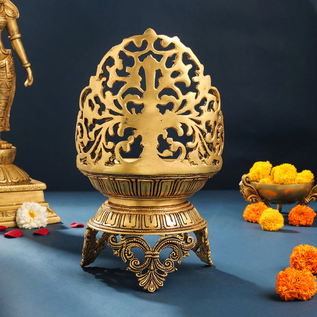Brass Ethnic Handcarved Diya Lamp (12 Inch)