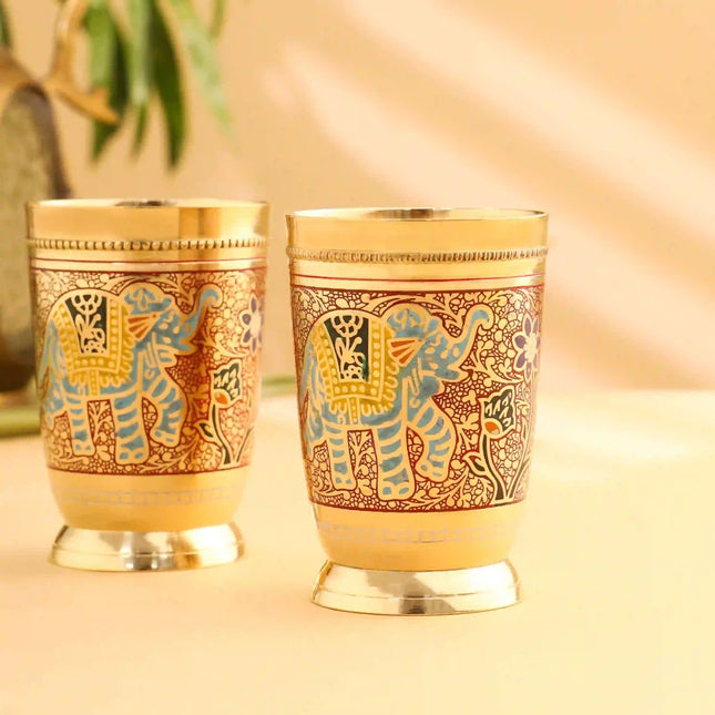 Brass Red Hand Painted Elephant Glass Pair (4.2 Inch)