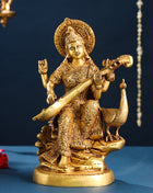 Brass Goddess Saraswati With Peacock Figurine (15 Inch)