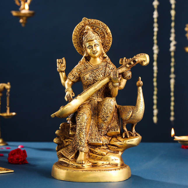 Brass Goddess Saraswati With Peacock Figurine (15 Inch)
