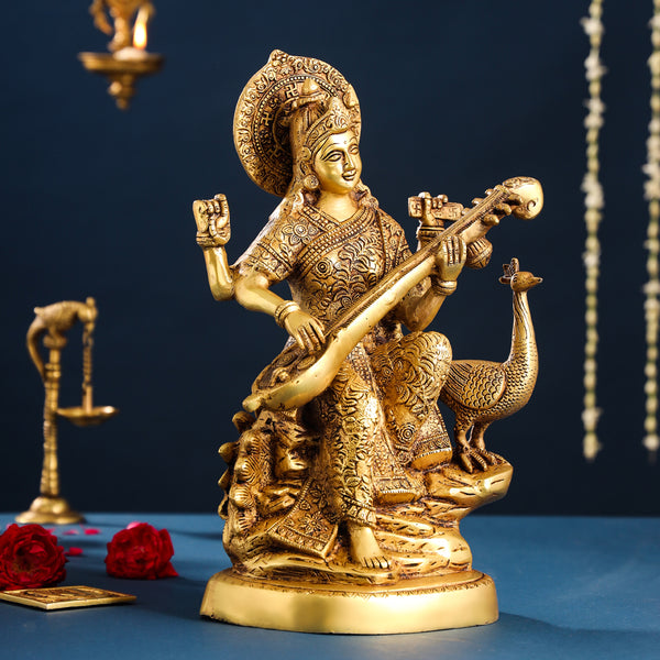 Brass Goddess Saraswati With Peacock Figurine (15 Inch)