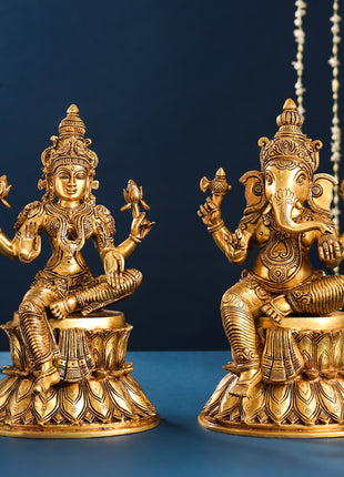 Brass Ganesha And Lakshmi Idols Set (14.8 Inch)