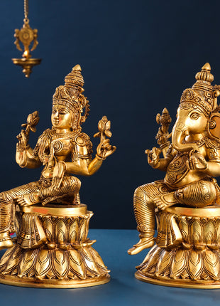 Brass Ganesha And Lakshmi Idols Set (14.8 Inch)