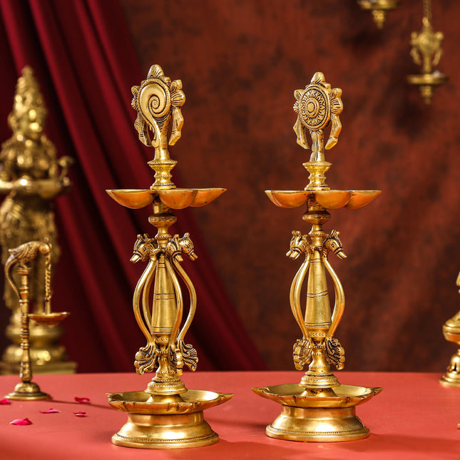 Brass Shankh Chakra Diya/Lamp Set (15.5 Inch)