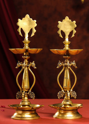 Brass Shankh Chakra Diya/Lamp Set (15.5 Inch)