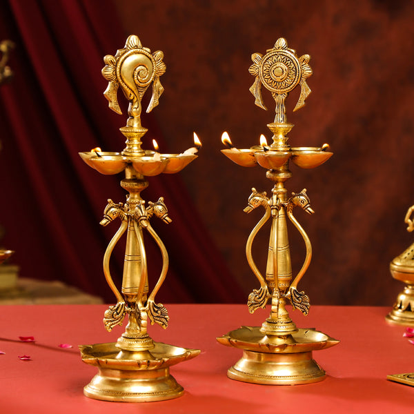 Brass Shankh Chakra Diya/Lamp Set (15.5 Inch)