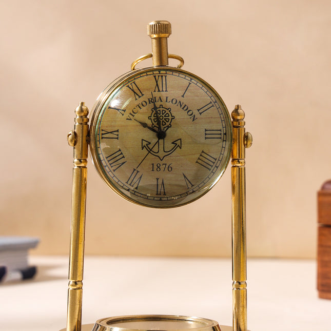 Brass Table Clock With Compass (5 Inch)
