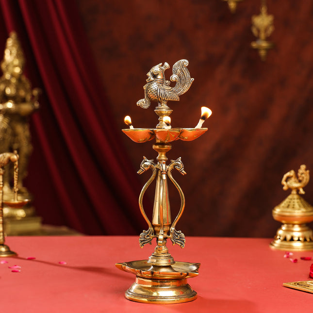 Brass Ten Petal Peacock Long Lamp (14 Inch)