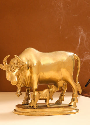 Brass Kamdhenu Cow With Calf Idol (6 Inch)