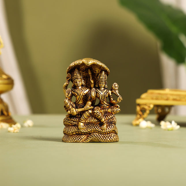 Brass Vishnu Lakshmi On Sheshnag Idol (4 Inch)