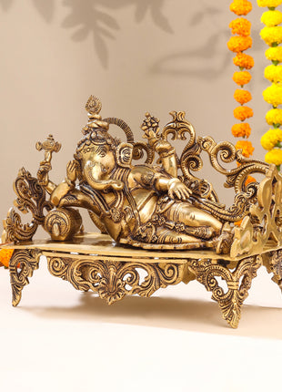 Brass Superfine Ganesha Resting On Couch (9 Inch)