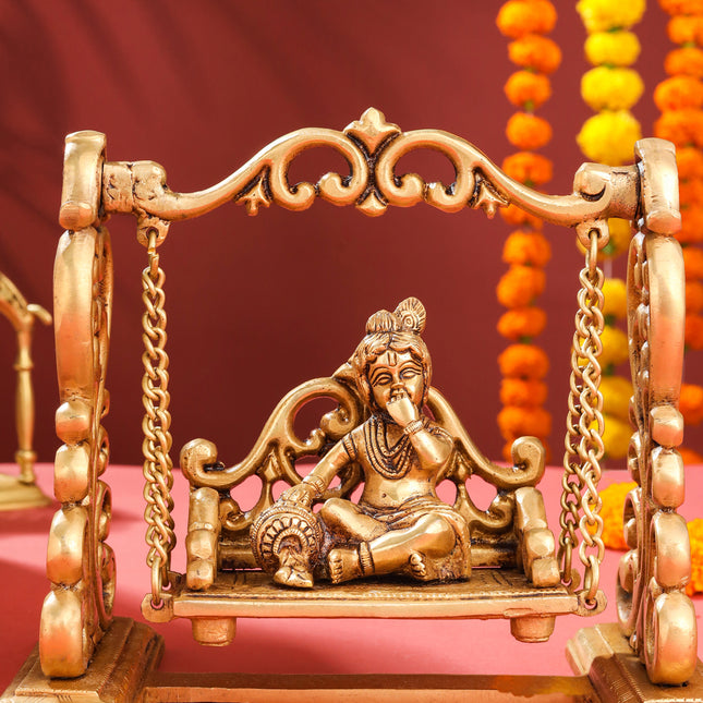 Brass Superfine Laddu Gopal On Swing/Jhula (7.5 Inch)