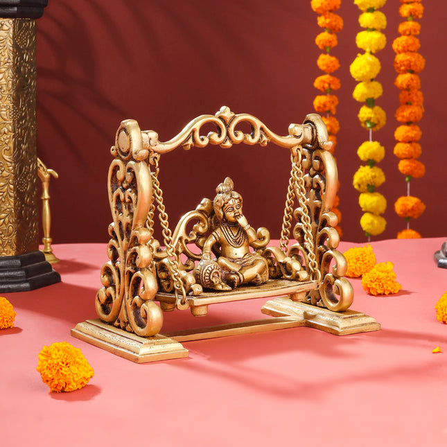 Brass Superfine Laddu Gopal On Swing/Jhula (7.5 Inch)