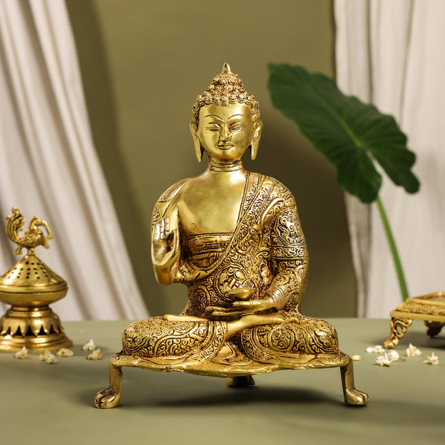 Brass Handcarved Blessing Buddha Idol (13 Inch)