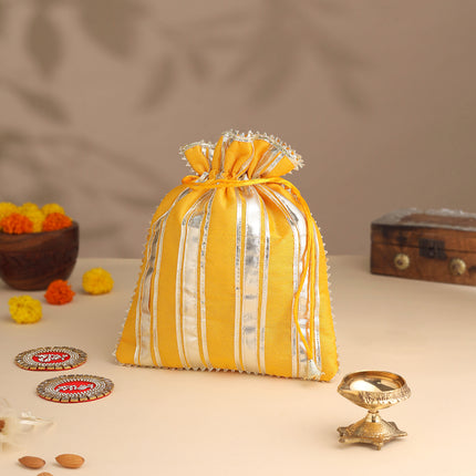Brass Charan Paduka, Diya & Chowki Gift Festive Potli/Hamper
