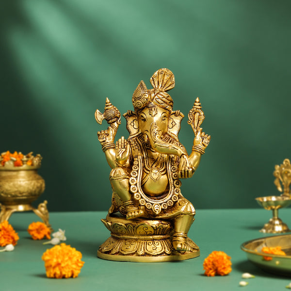 Brass Pagdi Ganesha On Chowki (10.5 Inch)