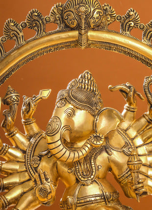 Brass Sixteen Armed Dancing Ganesha Idol (25.5 Inch)