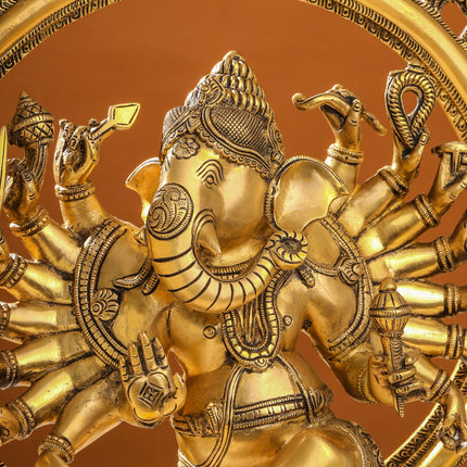 Brass Sixteen Armed Dancing Ganesha Idol (25.5 Inch)
