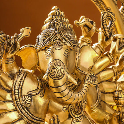 Brass Sixteen Armed Dancing Ganesha Idol (25.5 Inch)