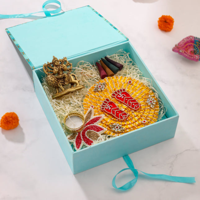Brass Durga Idol, Charan Paduka Navaratri Pooja Gift Hamper
