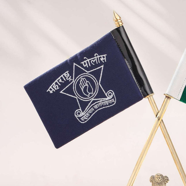 Brass Maharashtra & Kolkata Police Flags with Indian National Flag Stand (12 Inch)