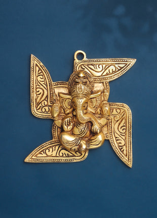 Brass Ganesha On Swastik Wall Hanging (7 Inch)