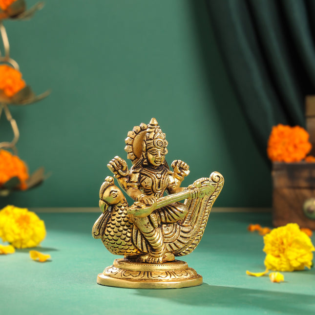 Brass Goddess Saraswati Idol (4.5 Inch)
