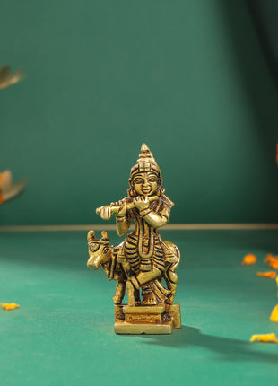 Brass Krishna With Cow Idol (4 Inch)