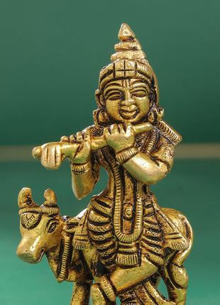 Brass Krishna With Cow Idol (4 Inch)