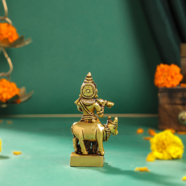 Brass Krishna With Cow Idol (4 Inch)