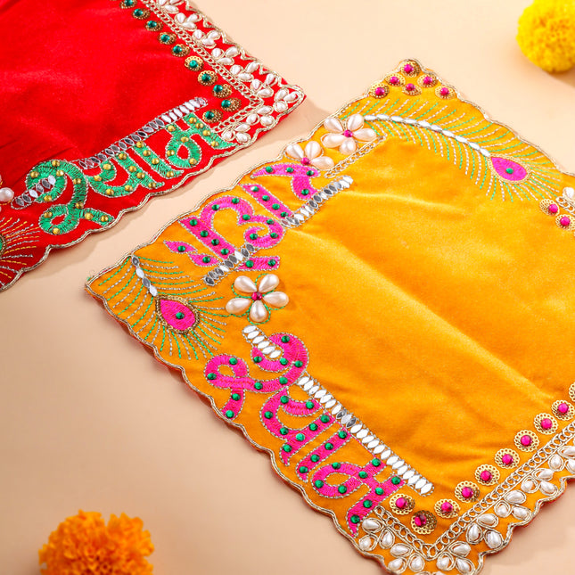 Radhe Shyam Pearl And Stone Work Velvet Pooja Asana