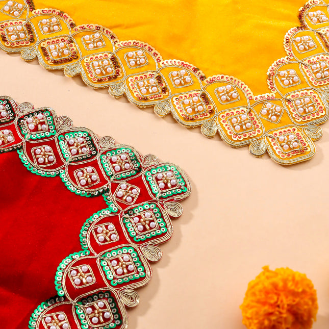 Sequin And Pearl Work Red Velvet God Pooja Asana