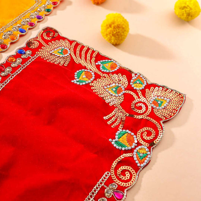Stone And Sequin Work Red Velvet God Pooja Asana