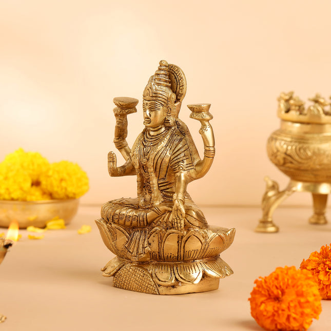 Brass Lotus Goddess Lakshmi Idol (6.5 Inch)