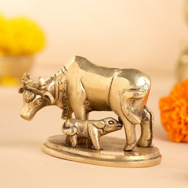 Brass Kamdhenu Cow With Calf Idol (2.5 Inch)