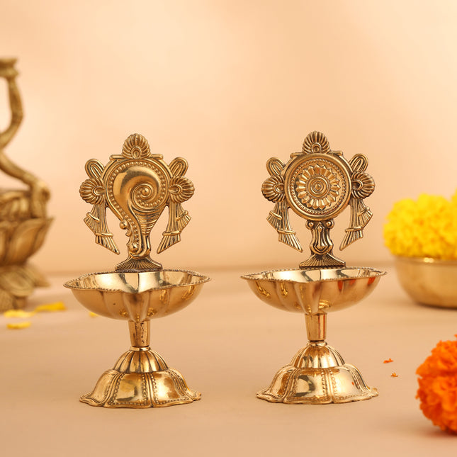 Brass Shankh Chakra Diya Set ( 4.5 Inch)
