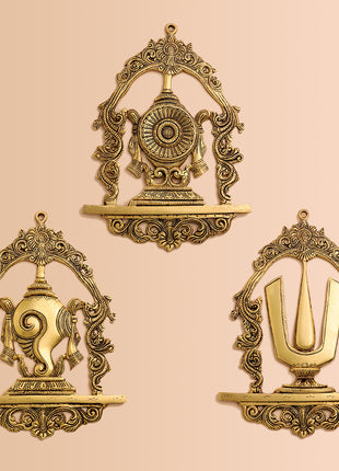 Brass Shankh Chakra Namah Wall Hanging Set (12.5 Inch)