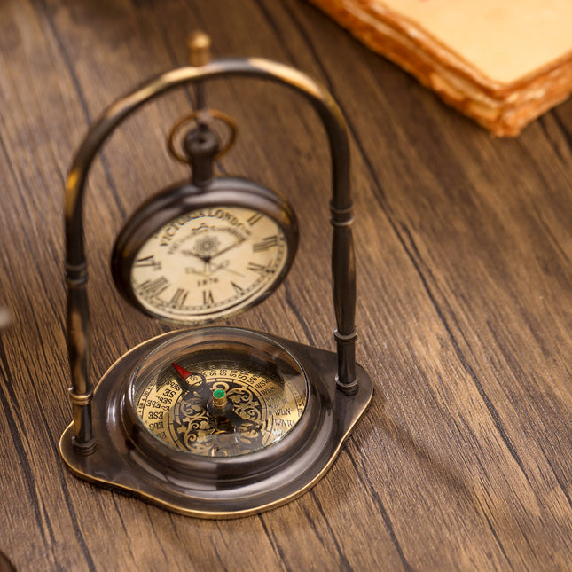 Brass Table Clock With Compass (5.5 Inch)