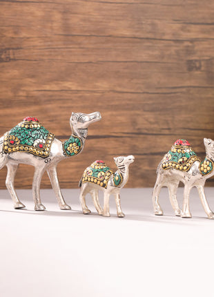 Metal Stone Work Standing Camel Family Set Of Three