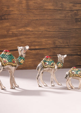 Metal Stone Work Standing Camel Family Set Of Three