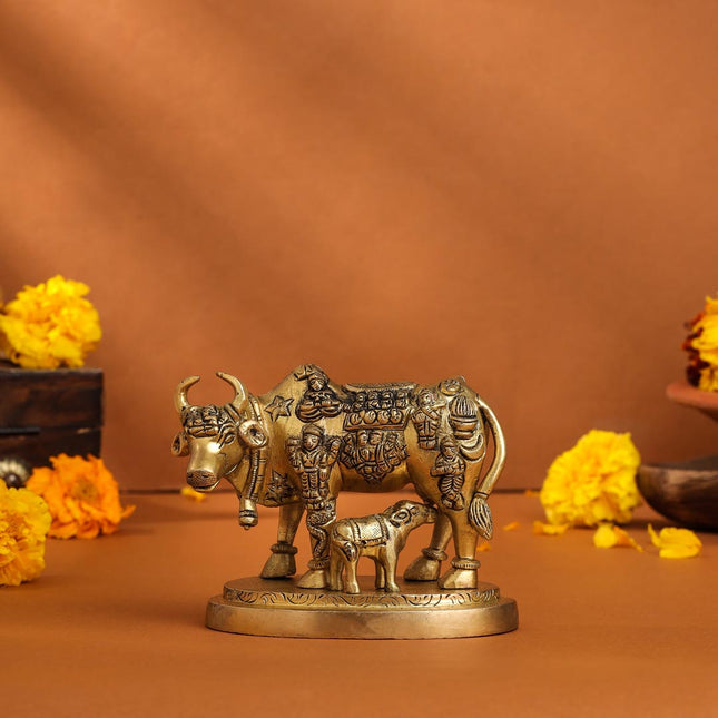 Brass Kamdhenu Cow With Calf Idol (3.5 Inch)
