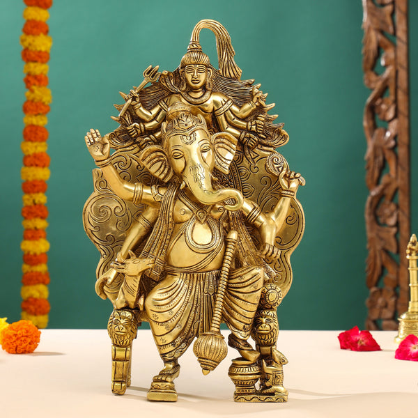 Brass Ganesha On Throne (Singhasan) Idol (16 Inch)