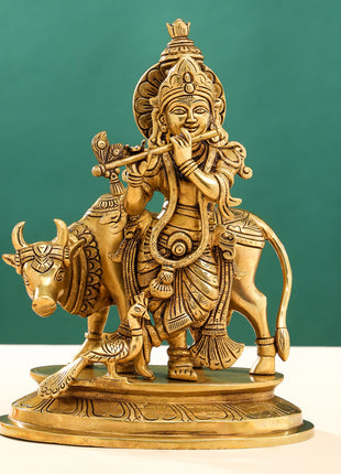 Brass Superfine Lord Krishna With Cow Idol (13 Inch)