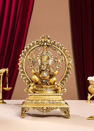 Brass Superfine Ganesha On Throne Idol (14 Inch)