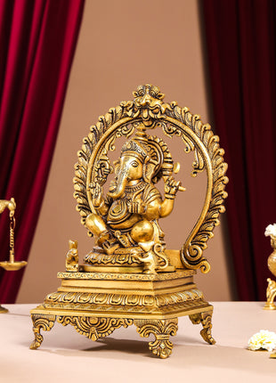 Brass Superfine Ganesha On Throne Idol (14 Inch)