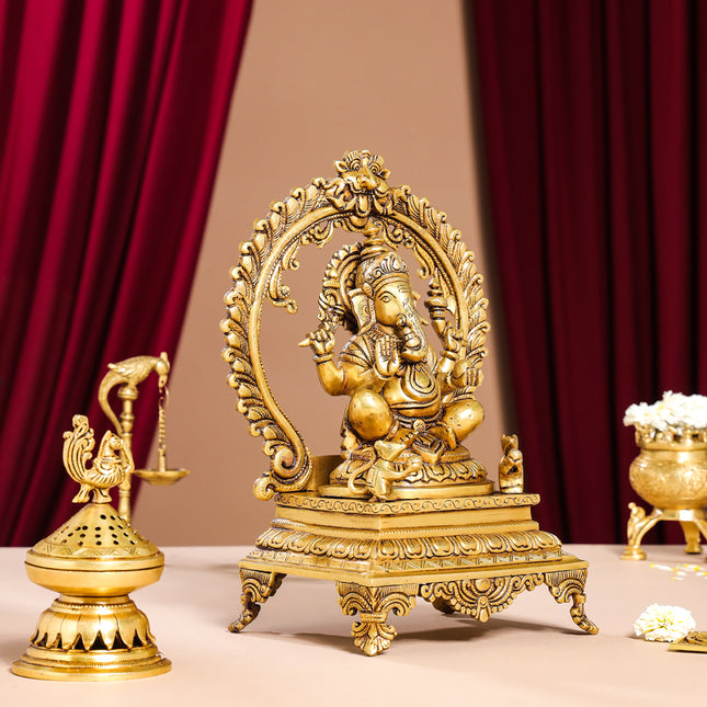 Brass Superfine Ganesha On Throne Idol (14 Inch)