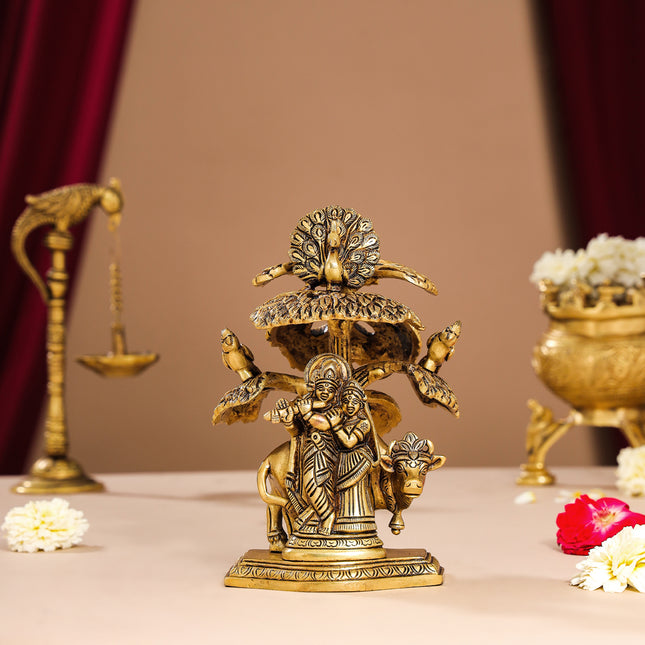 Brass Superfine Radha Krishna With Cow Idol Under Tree (7 Inch)